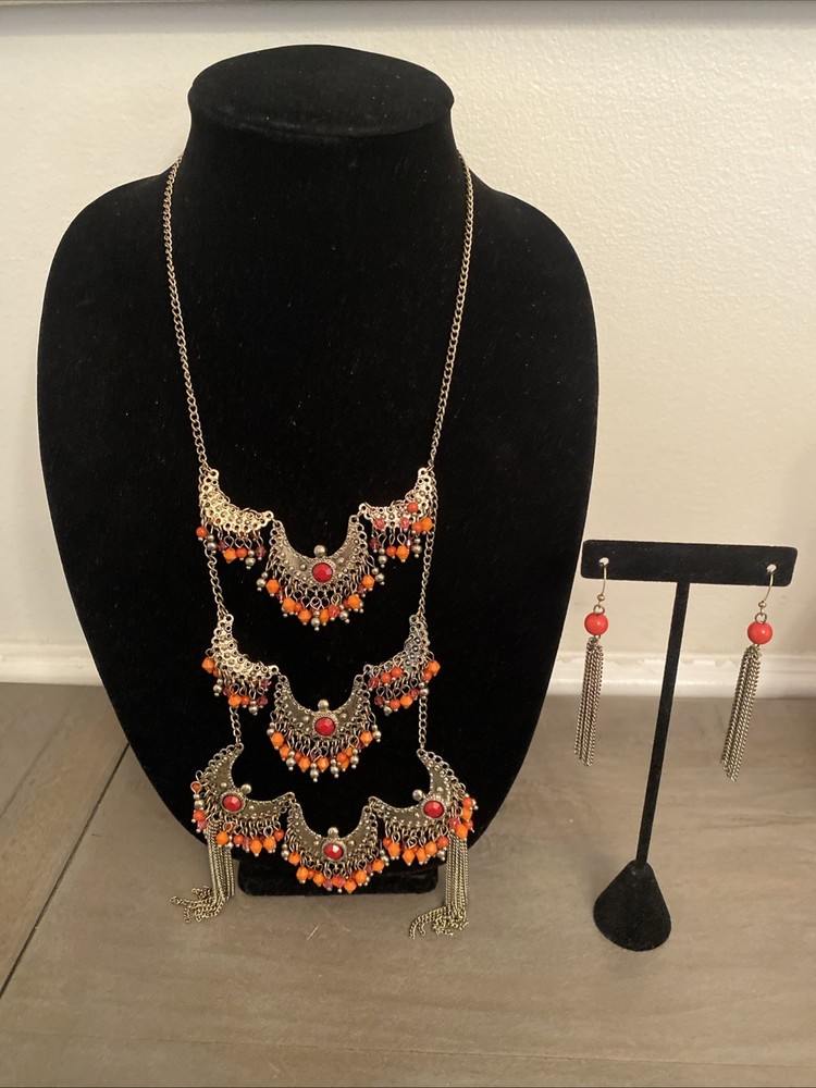 Necklace Earrings Set Orange Red Gold Tone Chunky Chain Layered Gypsy Boho Chic