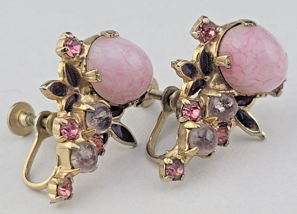 Victorian Pink Molded Glass Gripoix Cabochon Purple Enamel Screw Earrings 1 1/8″