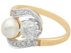 1.07 Ct Diamond and Natural Saltwater Pearl 18k Yellow Gold Twist Ring Antique