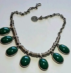 Vintage Old Pawn Necklace w 1″ Green Stones, Hand Made Coin Silver Settings 18″