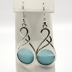 Sky Blue Round Glass Silver Tone Open Metal Drop Dangle Pierced Hook Earrings