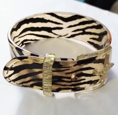 RARE French Lacquer Tiger Acrylic Lucite Resin Vintage Buckle Bangle Bracelet