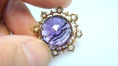 🌟Large Antique 8K Gold Amethyst w Pearls Pin & Faceted Dome-Shaped Stone