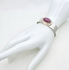 Vintage 14K Solid Yellow Gold & Sterling Silver MCM Cuff Bracelet Pink Cabochon