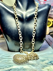 Vintage Gold Tone Caged Hollow Heart Pendant Necklace, 29.5″