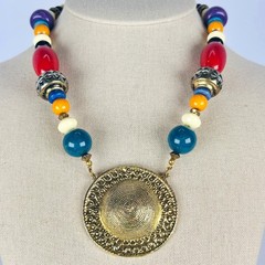 Carol Dauplaise Vintage Designer Multicolor Bead Gold Medallion Necklace Boho