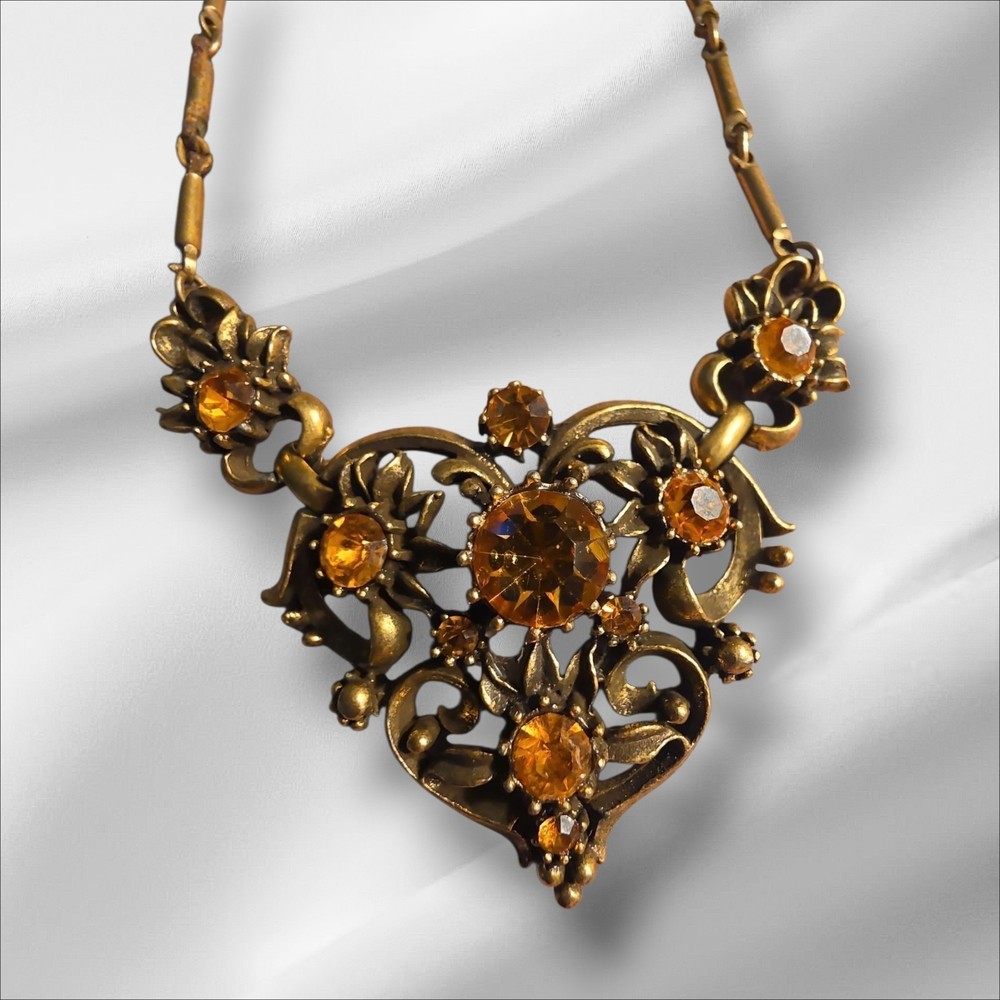 Vintage Coro Goldtone Citrine Heart Choker 15.5 In Signed