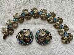 Vintage ArtDeco Bracelet & Clip Earrings Silvertone AB Rhinestones & faux Pearls