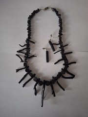 Vintage Black Wooden Branch Statement Necklace 17 Inches Bib With Earrings Set