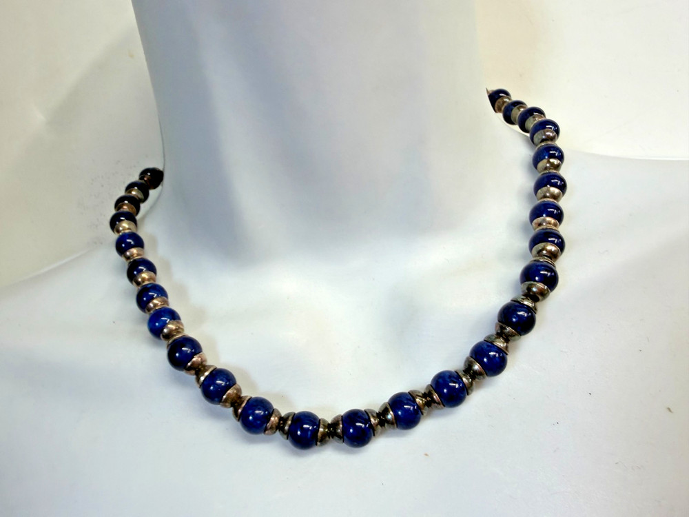 JMS Taxco Necklace Lapis Lazuli Blue Bead Stone Mexico Push Clasp 16 inches