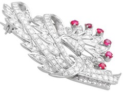 Vintage 4.65Ct Diamond and 0.24Ct Ruby Platinum Floral Brooch Circa 1950