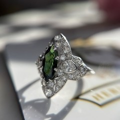 Art Deco Marquise Green Tourmaline Diamond Platinum Ring