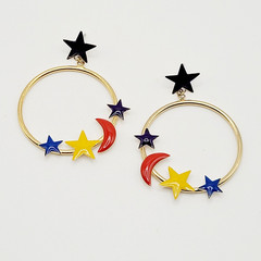 Stars Crescent Moon Colorful Enamel Metal Gold Tone Round Hoop Pierced Earrings