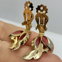 Vtg Midcentury Pink Marquise Rhinestone Yellow Enamel Climber Earrings Clip Claw