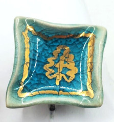 Vintage Ceramic Handplanted Screw Back Earrings Square Gold Leave on Sky Blue