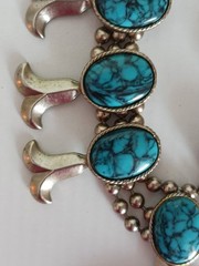Vintage Goldette Squash Blossom Faux Turquoise Necklace 25″ 1970’s Southwestern