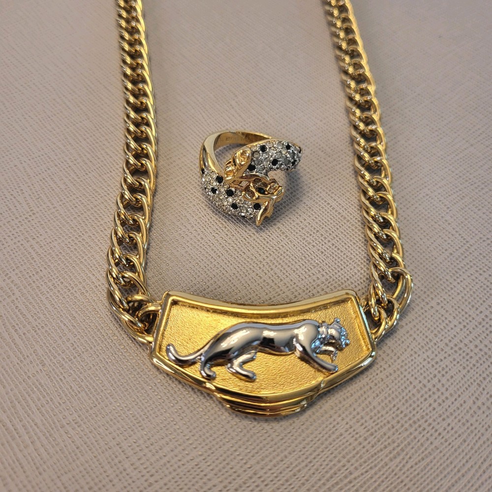 VTG Jackie Collins Two Tone Panther Link Necklace + Pave Rhinestone Ring 80s