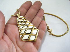 Vintage 70s Trifari Moderne Gold Cage White Enamel Pendant Snake Chain Necklace