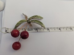 Vtg Large Red Cherry Enamel Cherry Fruit Leaf Brooch 3.25″