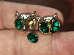 Vintage Coro Green Glass & Enamel Duette Owl Pin With Earrings