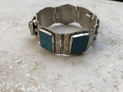 ✨🏜️VTG STAMPED TAXCO STERLING SILVER Turquoise Panel STATEMENT Bracelet Estate