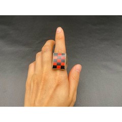 Vintage Coral Red and Black Checker Inlay Sterling Silver Ring Size 11.75