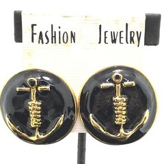 Vintage Fashion Jewlery Black Enamel & Gold Anchor Clip Earring