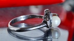 10k white gold size 6.75 ring 5.3mm cultured pearl natural diamond antique 2.28g