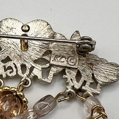 Vintage Garden Floral Heart Dangle Brooch Pink Bead Charm Statement Pin Signed