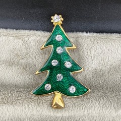 Vintage Christmas Tree Brooch LIA Gold Tone Signed Enamel Rhinestone