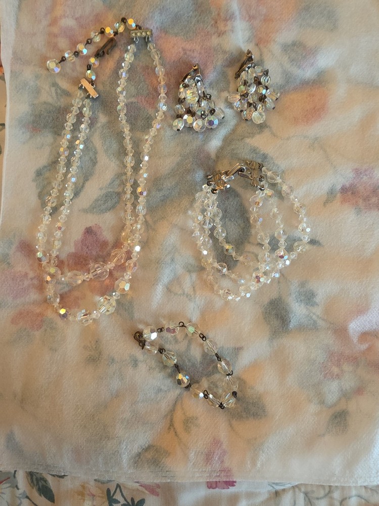 Vintage Faceted Crystal Aurora Borealis Necklace, Clip Earrings, Bracelets