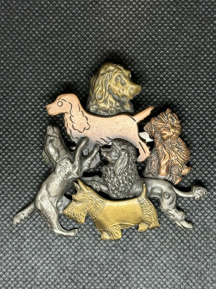 K&T Dogs Playing 6 Mutts Brooch Pin Poodle Retriever Terrier Spaniel Pewter
