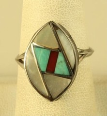 Vintage Sterling Silver Native American Marquise Shape Inlaid Multi Stone Ring