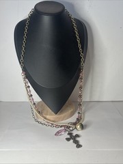 Vintage Y2K Bronze Layered Faux Pearl Pink Crystal Cross Charm Necklace Boho 36″