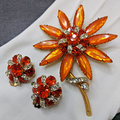 Vintage Selro Selini? Lucite & Rhinestone Gold Tone Floral Set Brooch & Earrings