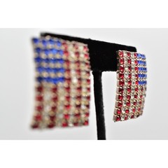 Vintage American Flag Clip On Earrings USA Rhinestone Crystal July 1980s BinAZ