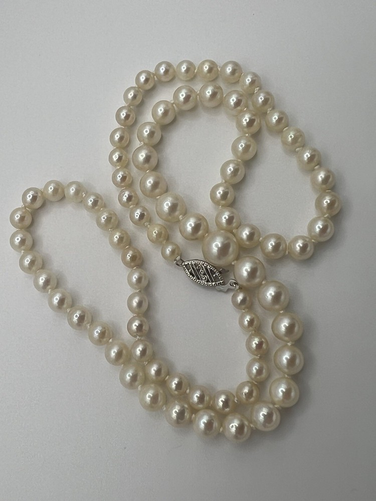 Vtg. 19” Mid-Century Graduated Cultured Akoya Pearl Necklace 14k clasp 4.2-8mm