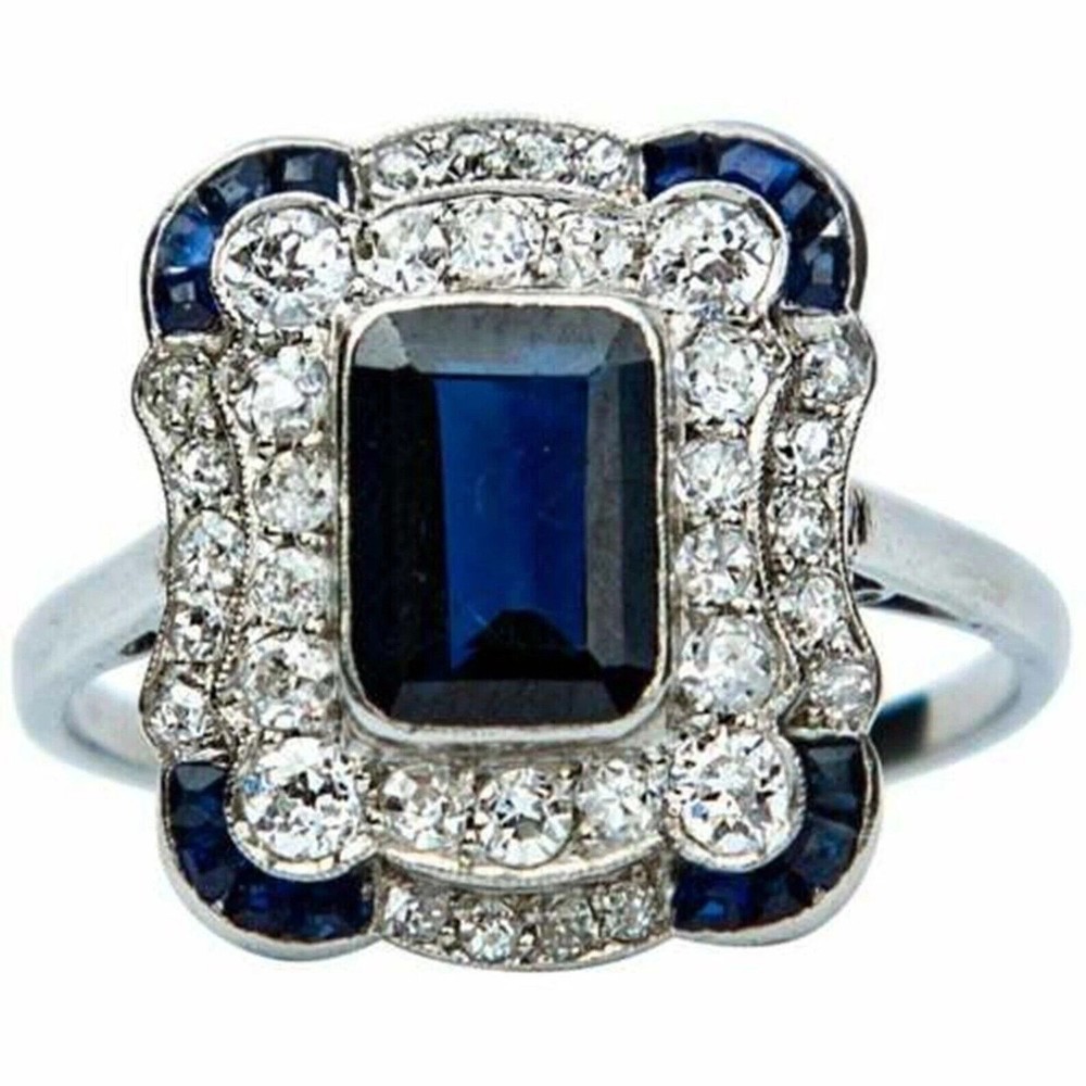 5.85Ct Art Deco Style Lab Created Sapphire Engagement 14K White Gold Finish Ring