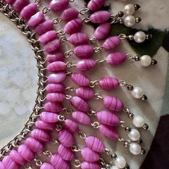 Vintage Pink Art Glass Faux Pearl Fringe Bib Statement Necklace Dramatic Runway