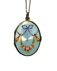EXQUISITE Antique 935 Silver DOUBLE Sided ENAMEL GUILLOCHE Locket Necklace