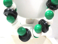 Long Beaded Handcrafted Necklace Green White and Black Buttons Great Design