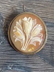 Vintage Antique Carved Shell Cameo Brooch Pendant Floral Tulips 800 Silver