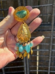 NOS 90s Gold, Blue, Green Seashell Massive Long Drop Dangle Earrings