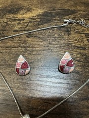 KC Signed Mosaic Teardrop Necklace & Earrings Set Pink Red Enamel