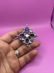 Vintage Silver Tone Prong Set Blue Rhinestone Pin Brooch 2 1/4”