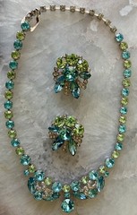 Vintage Designer Eisenberg Ice Sky Blue & Lime Green Necklace & Clip Earring Set