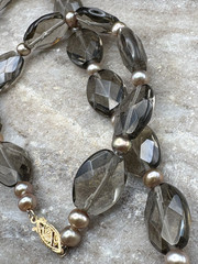 Vintage Faceted Smoky Quartz Topaz Beaded Necklace w/ Filigree 14K Gold Clasp