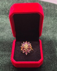 Vtg 18K Yellow Gold Electroplated Genuine Garnet & Cubic Zirconia Cocktail Ring