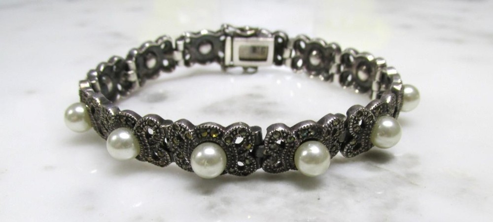 Marsala Sterling Silver Imitation Pearl & Marcasites Bracelet ~ 30g ~ 6-C523