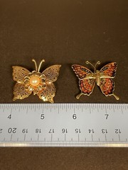 Set of 2 Butterfly Pin Brooches Gold Tone Metal Faux Pearl